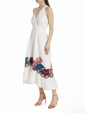 Ramy Brook White V-Neck Midi Dress with Multicolor Floral Embroidery